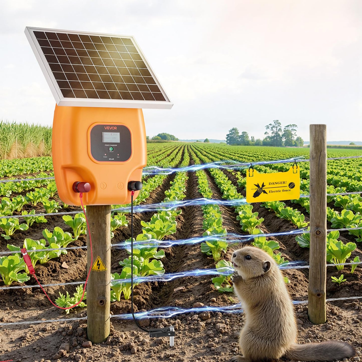 VEVOR Solar Fence Charger, 1J 10kV Solar Powered Fence Charger, Electric Fence Energizer Kit, Keep Out Predators, 3 Days Runtime, for Livestock, Poultry, Garden Protection