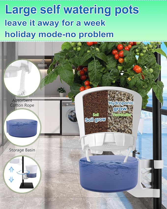 Tall Metal Plant Stand Outdoor/Indoor 72",Large Patio Plant Stand with Self-Watering Planter Pot & Hooks for Balcony,DIY Hydroponics Growing System Tower Garden Kit for large plants, Height Adjustable