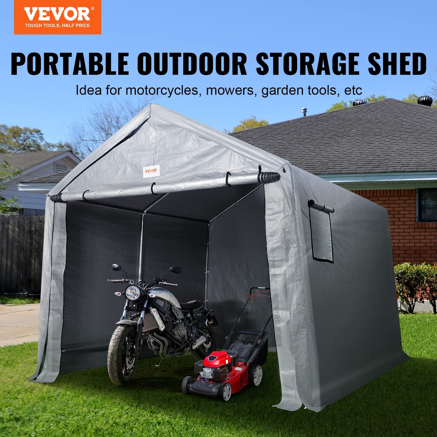 VEVOR Portable Shed Storage Shelter Outdoor, 10x10x8.5 ft Heavy Duty Instant Storage Tent Tarp Sheds with Roll-up Zipper Door and Ventilated Windows for Motorcycle, Bike, Garden Tools