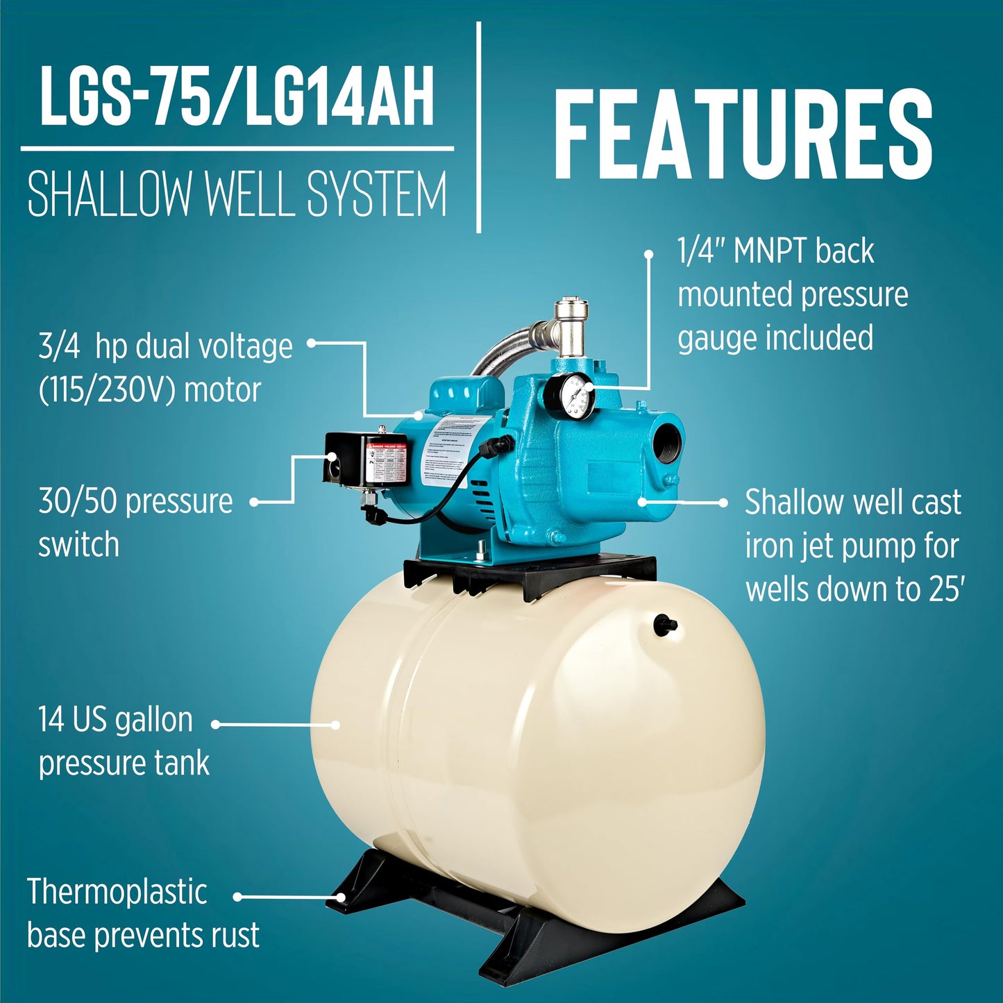 Little Giant LGS-75/LG14AH Dual Voltage (115/230V) 3/4 HP Shallow Well Jet Pump/Tank Combo 16 GPM Cast Iron Pump with 14 Gallon Pressure Tank, Blue/White, 558932