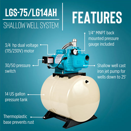 Little Giant LGS-75/LG14AH Dual Voltage (115/230V) 3/4 HP Shallow Well Jet Pump/Tank Combo 16 GPM Cast Iron Pump with 14 Gallon Pressure Tank, Blue/White, 558932