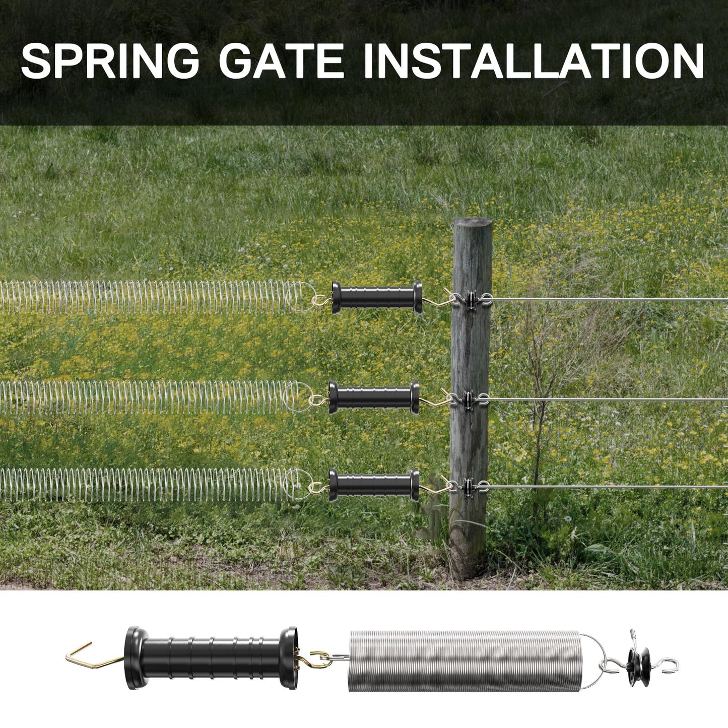 12PCS Electric Fence Gate Kit, 3 Sets Electric Fence Spring Gate Handles Kit, Plastic Electric Fence Gate Handle with Insulators with Spring 16-Feet Tension Spring and Two Way Hook Fence Insulator