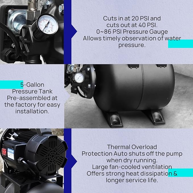 Aquastrong 1.6 HP Shallow Well Pump with Pressure Tank, 1320 GPH, 115V, Stainless Steel Irrigation, Automatic Water Booster Jet Pump for Home, Garden, Lawn