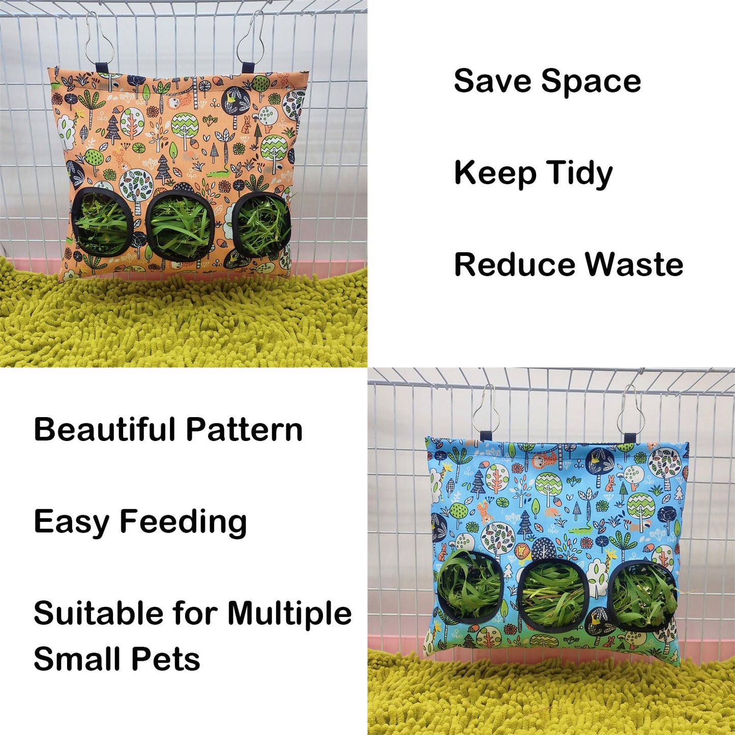 RMNHPTK Rabbit Hay Feeder Bag, Guinea Pig Hay Feeder for Cage Small Animal Hanging Feeding Bags Rabbit Hay Dispenser Storage for Rabbits Guinea Pigs Bunnies Chinchillas (Orange,Light Blue, 3 Hole)