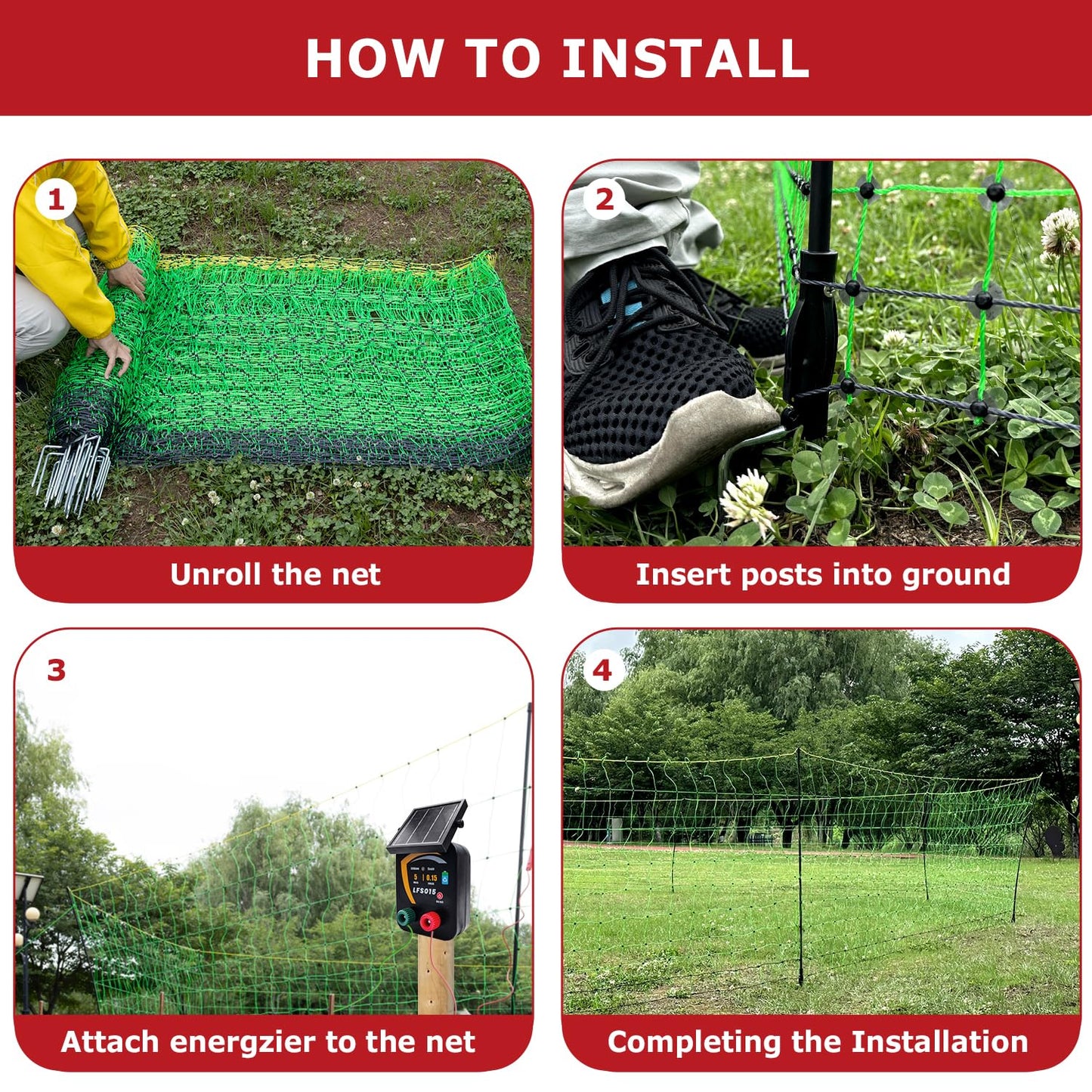 BEIYI Electric Fence Netting, 164'L x 42.5" H Electric Fence Kit for Livestock, Goat, 14 Posts Double Spiked Portable Electric Poultry Farm Fence
