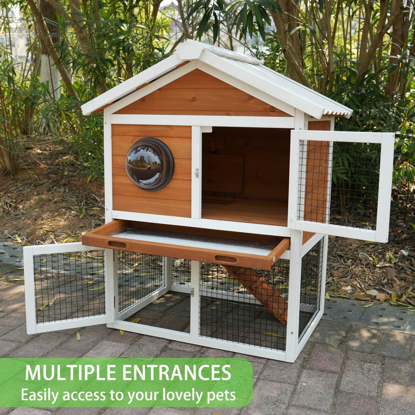 YOPTO 2-Tier Wooden Rabbit Hutch with Waterproof Roof,Outdoor Bunny Cage with Removable Pull-Out Tray,Viewing Window Design for Small Animals,Enclosure for Guinea Pigs & Hamsters,White+Red