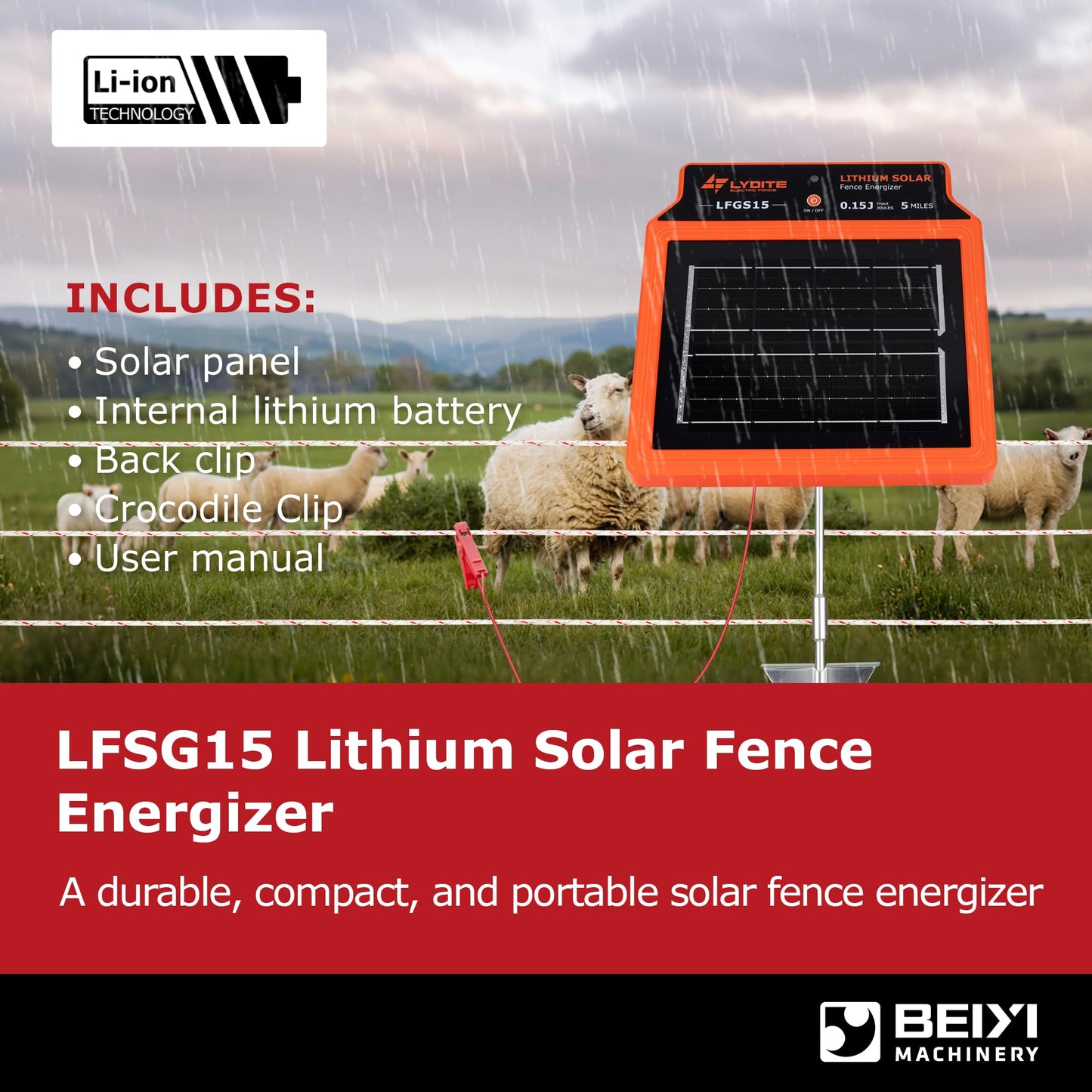 LFGS15 Solar Electric Fence Charger, 24 Hour 5 Miles Solar Charger, Portable 0.15J Energizer with Rechargeable Solar Panel for Livestock, Electric Fence Energizer