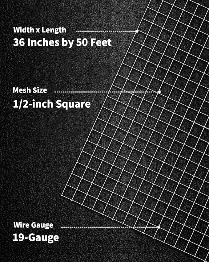 1/2 inch Hardware Cloth 36 inch x 50 Foot - Hot Dipped Galvanized After Welding - Wire Screen Mesh Roll Chicken Wire Fence Roll Gopher Wire Mesh Tree Guard Hardware Mesh