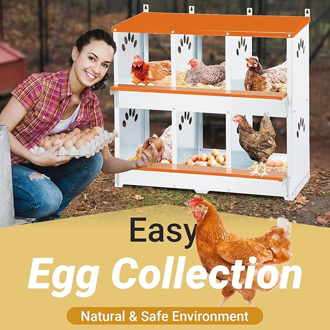 6 Compartment Chicken Nesting Box, Metal Nesting Boxes for Chicken, Indoor & Outdoor Use, Wall Mountable Laying Boxes for Hens, 31.9" L x 13" W x 25" H, Orange