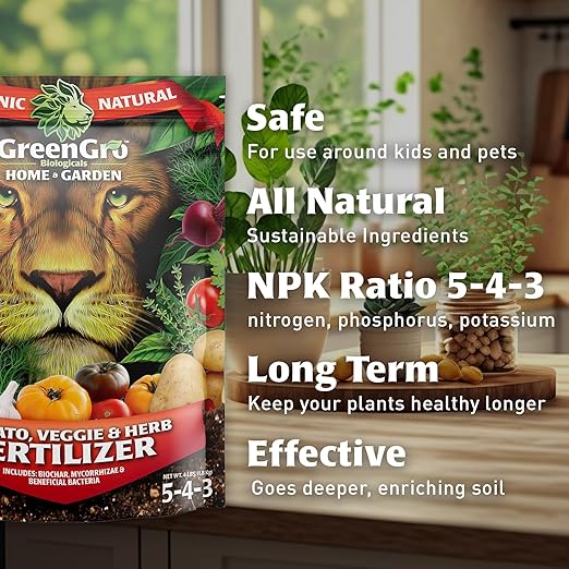 GreenGro Veggie, Herb, & Tomato Fertilizer - Outdoor & Indoor Plant Food for Edible Plants/Organic Fertilizer & Flower Food for Vegetable Garden/Improve Harvest with Vital Plant Nutrients (4 lb)