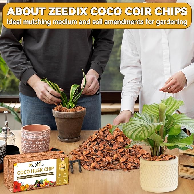 Zeedix 6 Pack Coco Husk Chips for Plants, 100% Organic Coconut Chips Mulch with Low EC & PH Balance, All Purpose for Indoor Plant Flowers Herbs Vegetables, Reptiles Terrarium Tanks Substrate(6.6LB)