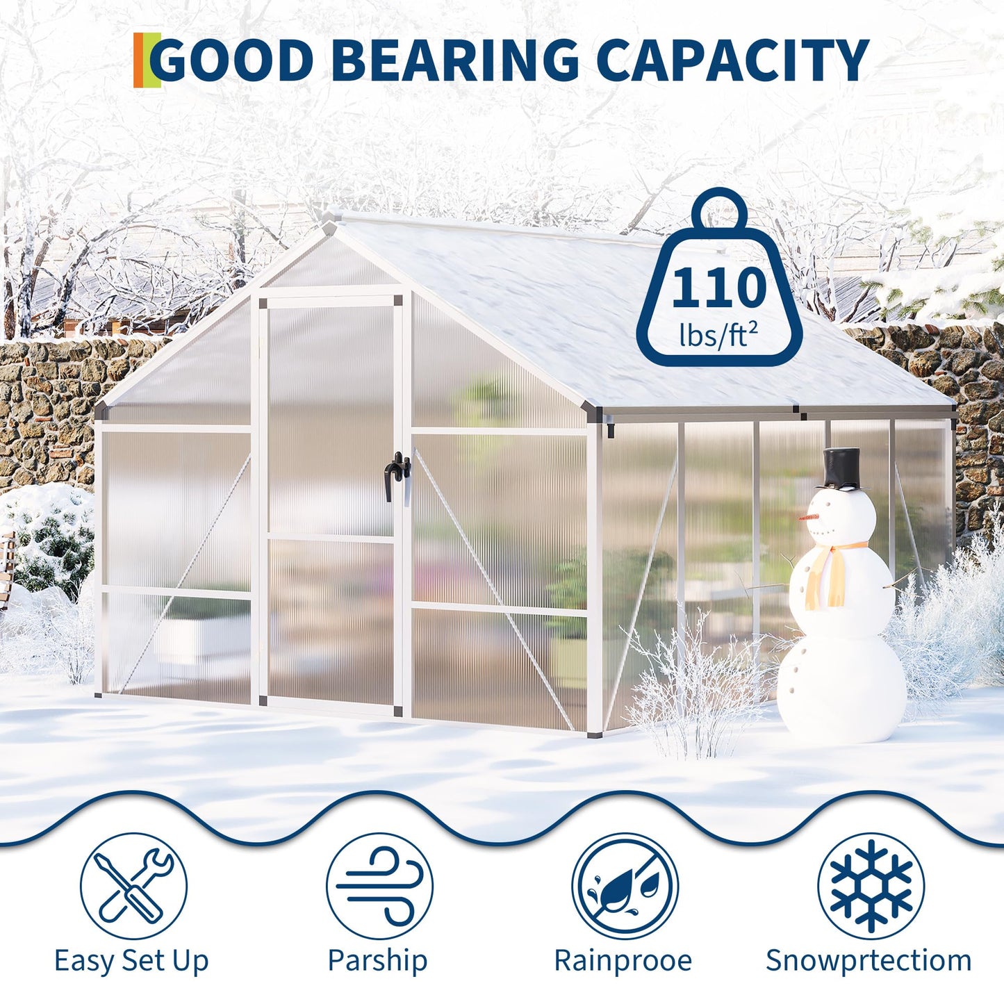 8×10 FT Greenhouse, Large Walk in Greenhouses for Outdoors and Garden Planting, Polycarbonate Greenhouse with Enhanced Aluminum Frame, Green Houses with Quick Setup Structure and Roof Vent, Silver