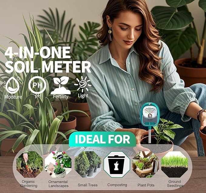 Soil Tester, Soil Moisture Meter/Soil pH Meter/Sun-Light/Fertility for Gardening, Large Dial Soil pH Tester Plant Water Meter for Indoor&Outdoor Garden,Farm Soil Test Kit-Green