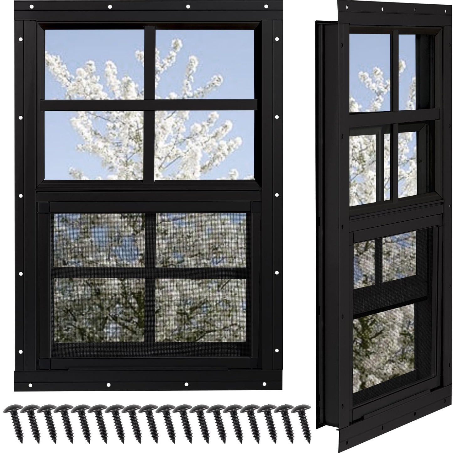 NOTASA Shed Windows 2 Pack, Chicken Coop Windows 24" x 36" with Tempered Glass and Fiberglass Screen, Flush Mounted Small Window for Shed, Barns, Playhouse, Household, Garage (Black)