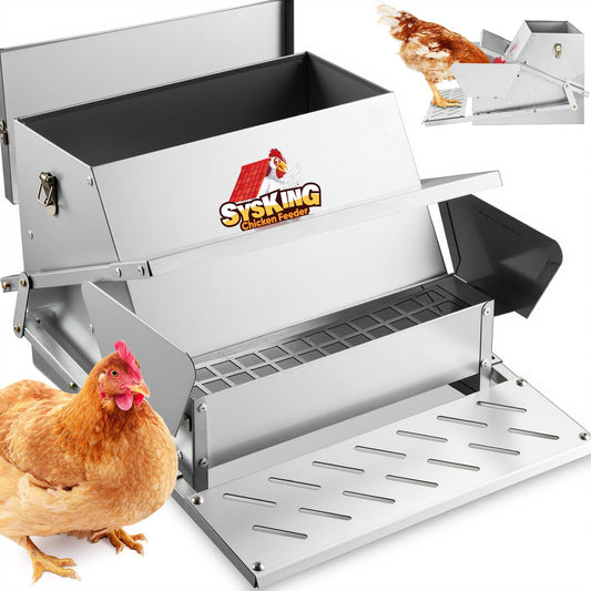 SYSKING Automatic Chicken Feeder - Chicken Feeders No Waste, 25 LB Large Metal Treadle Rat Proof Poultry Feeder for 6-12 Chickens for 10 Days, Weatherproof Lid, Galvanized Steel