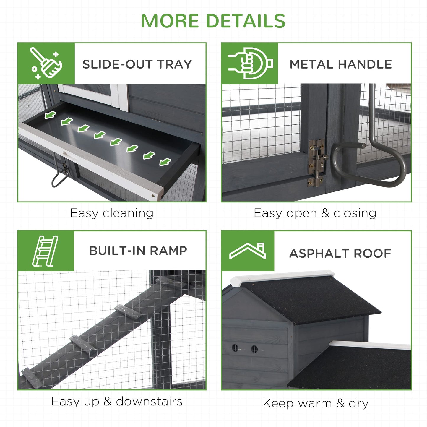 PawHut 84" Wooden Chicken Coop, Hen House Outdoor with Run Nesting Box, Asphalt Roof, Removable Tray, Ramp, Poultry Cage for 2-3 Chickens, Gray