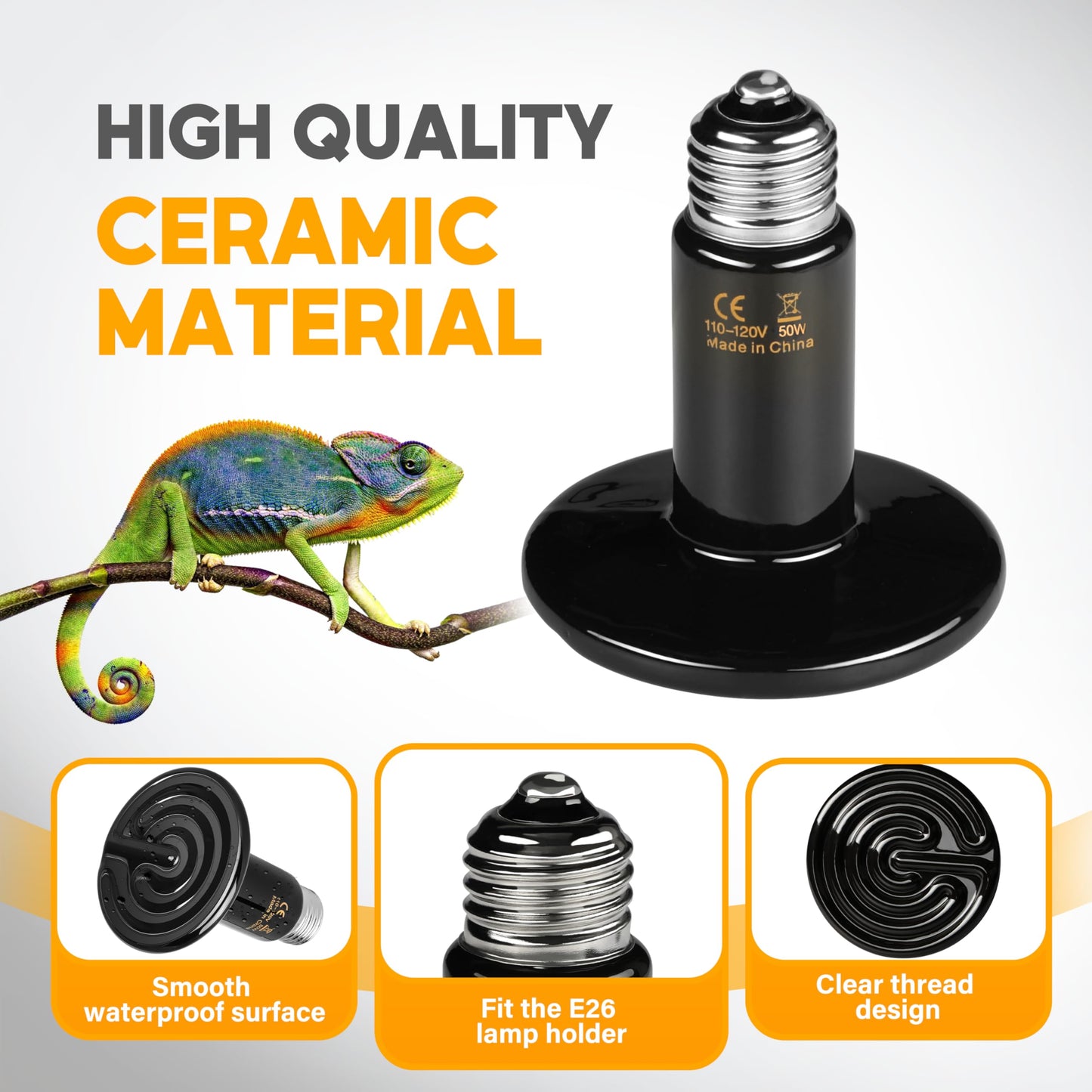 HealSmart 50W Reptile Heat Lamp Ceramic Heat Emitter, No Light Emitting Heat Bulbs, Suitable for Snake/Lizard/Spider, Plant Growth and Incubating Chicken, 2-Pack