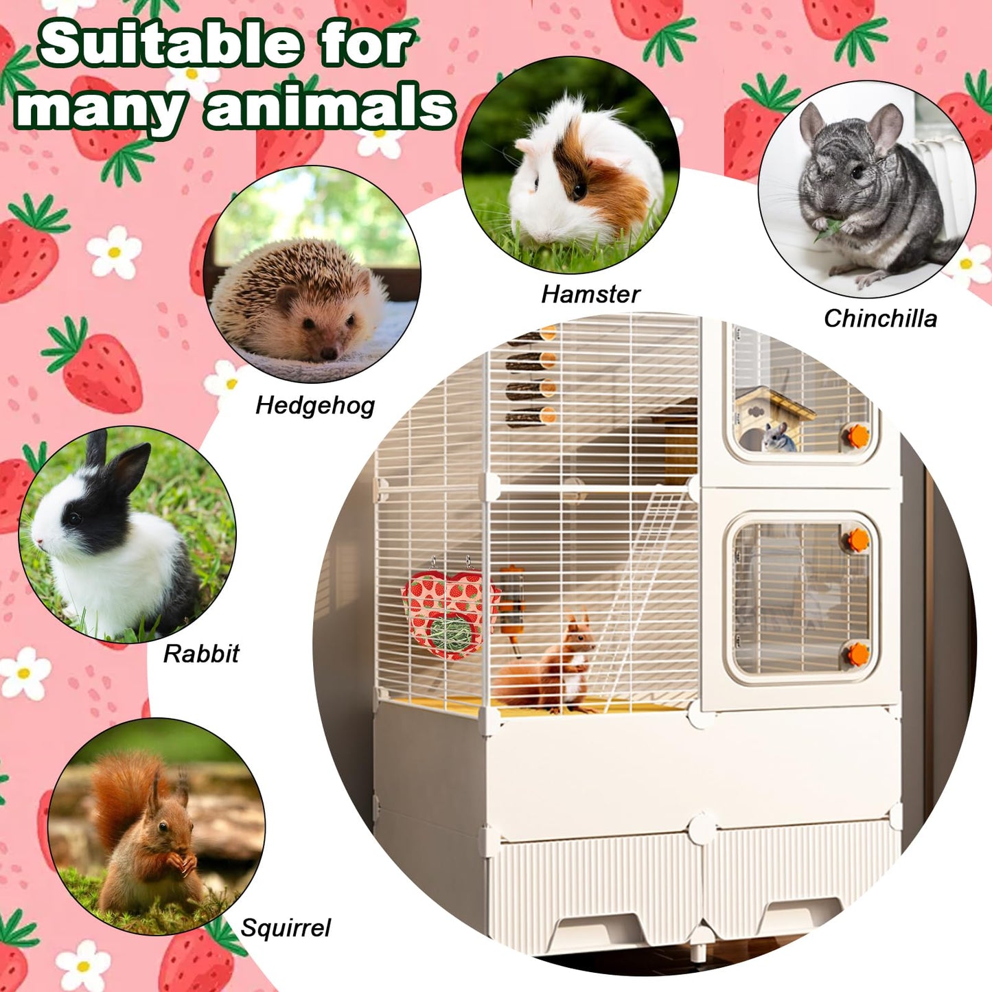 Estivaux Rabbit Hay Feeder Bag Strawberry Guinea Pig Hanging Hay Feeding Bag with Hole Pet Storage Dispenser for Chinchilla Hamster Bunny Small Pet Animals