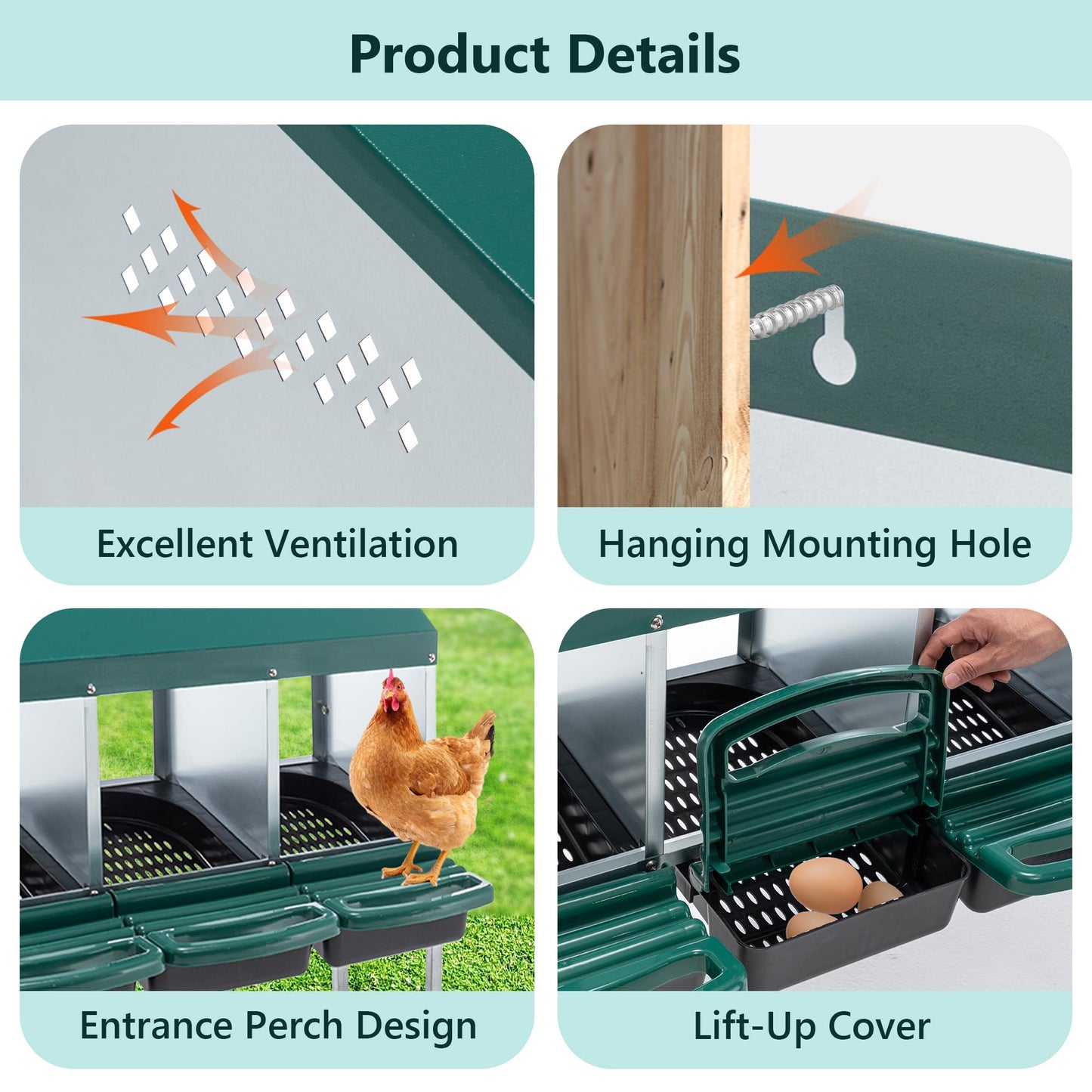 Chicken Nesting Box, 4 Compartment Metal Laying Box, Roll Away Nesting Boxes for Chicken, Indoor & Outdoor Use, Easy Egg Collection, 4 Holes with Legs, Green