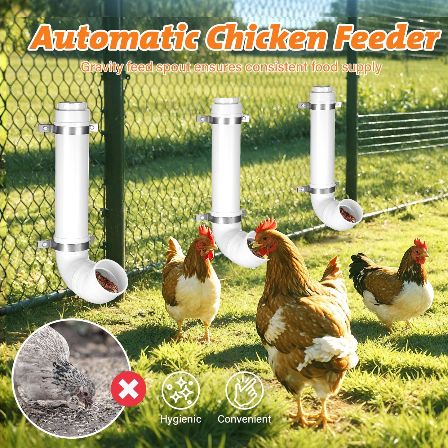 3 Pack Automatic Chicken Feeder No Waste, PVC Pipe Chicken coop Feeder, Rat Proof Chicken Feeder, with Lid Hanging Chicken Feeder, for Chicken Poultry Feeder