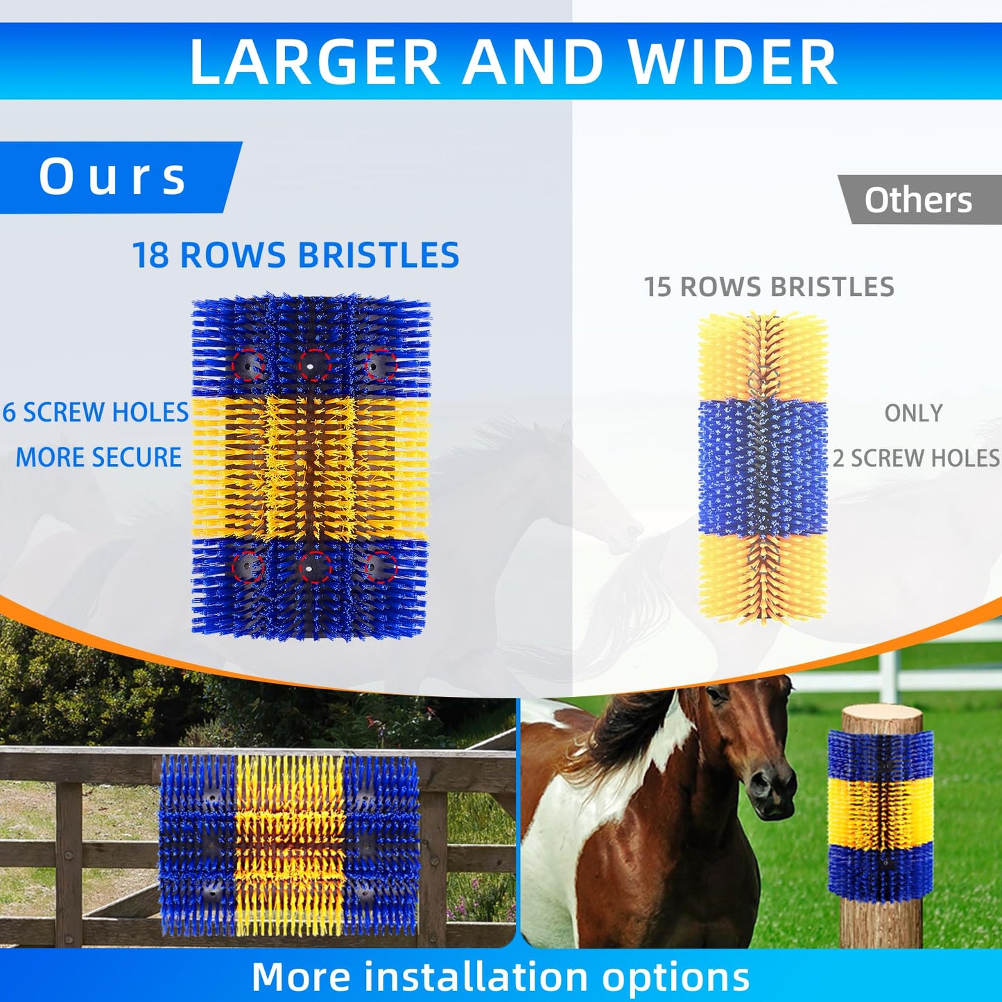 Extra Large Size Livestock Scratching Brush, Upgraded Horse/Goat/Cow/Cattle Scratcher Brush for Grooming, Itch Relief Horse Scratcher Brushes Kit with Two Sets of Mounting Screws(1-Pack,Yellow)