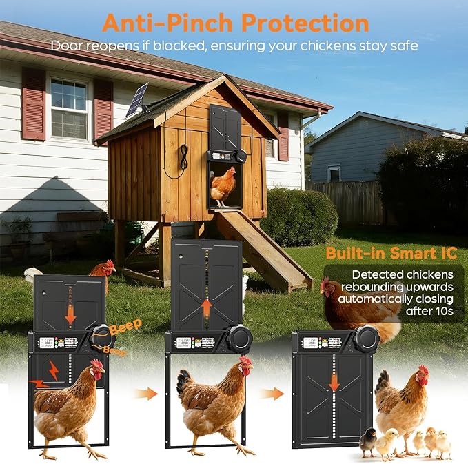 Large Automatic Chicken Coop Door Solar Powered, Automatic Chicken Door Opener with Timer Modes, Intelligent Obstacle Sensors, Solar Chicken Coop Door Chickens, Ducks, and Geese, 14.2" H x 10.83" L