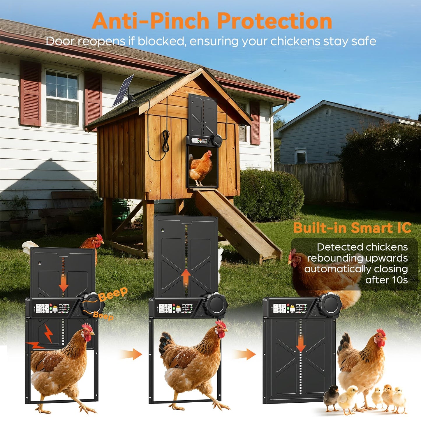 Large Automatic Chicken Coop Door Solar Powered, Automatic Chicken Door Opener with Timer Modes, Intelligent Obstacle Sensors, Solar Chicken Coop Door Chickens, Ducks, and Geese, 14.2" H x 10.83" L
