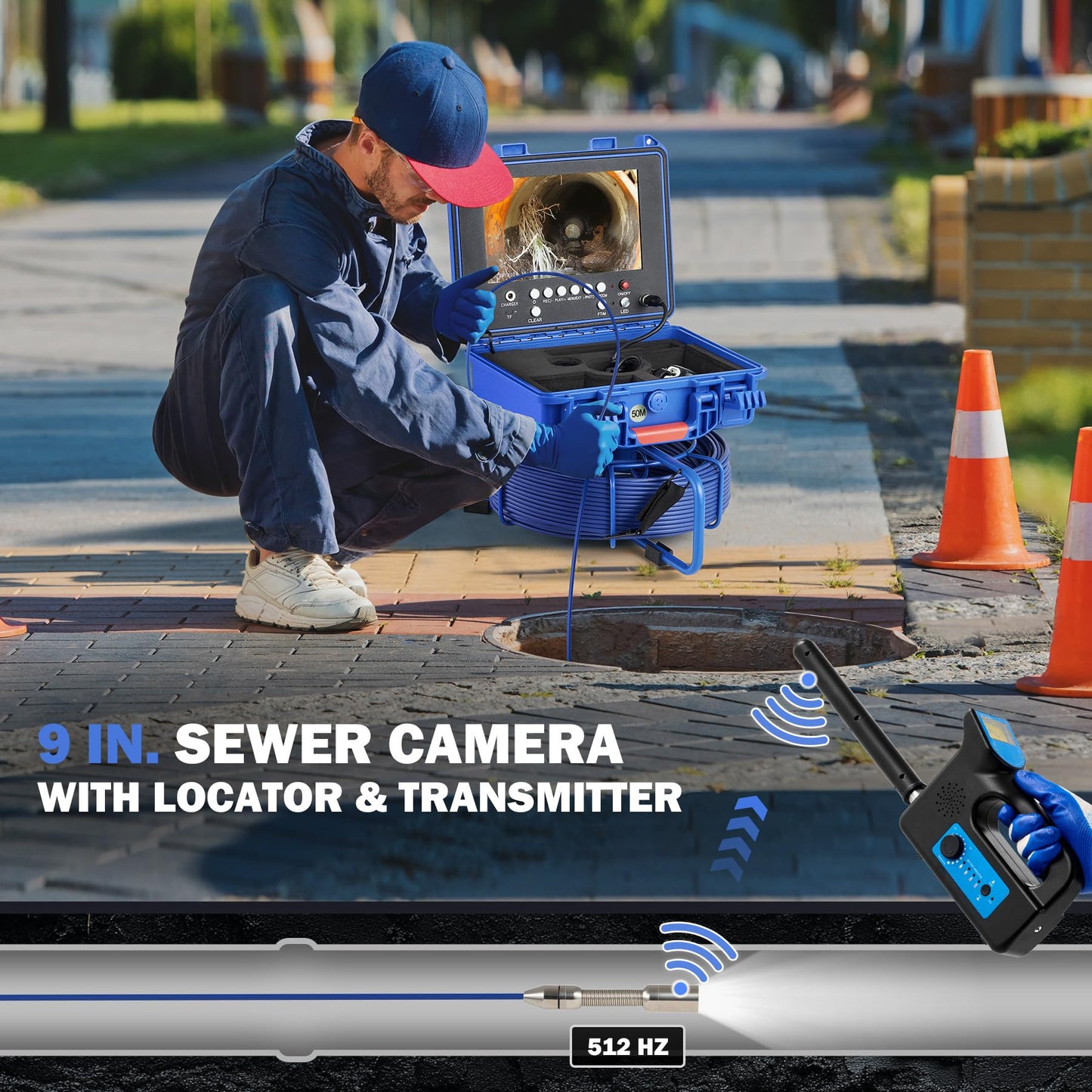 ZELCAN Self-Leveling Sewer Camera with Locator, Drain Camera 165FT with 9 in. LCD Screen, Waterproof IP68 Borescope Plumbing with 12 LED Lights, with 512Hz Transmitter and Receiver(32GB Card)
