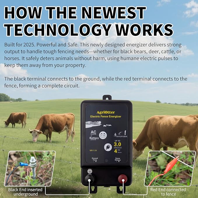 2025 New Tech 2 in 1 Electric Fence Energizer Charger Plug-in & 12V Battery, Waterproof & Safe Wide Coverage Energizer for Farms, Suburban Homes, Gardens, Livestock, Pets & More