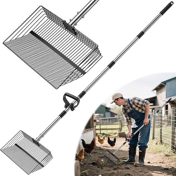 Chicken Poop Scooper, Large Metal Chicken Coop Scoop, Chicken Litter Sifting Shovel, Chicken Coop Rake with Retractable Stainless Steel Handle, Chicken Coop Cleaning Tools Accessories15Inch