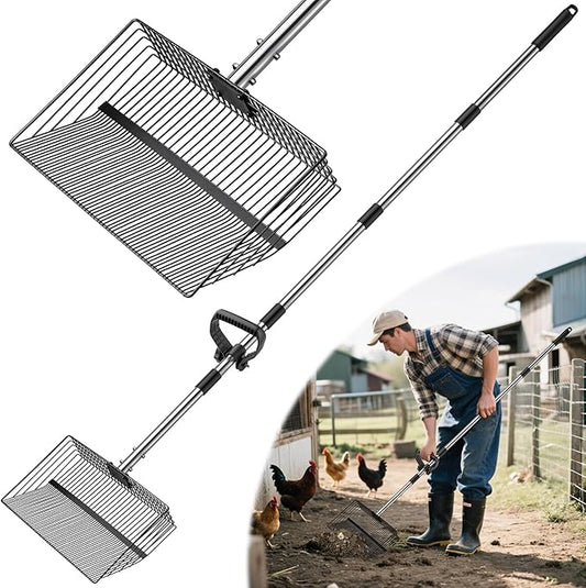 Chicken Poop Scooper, Large Metal Chicken Coop Scoop, Chicken Litter Sifting Shovel, Chicken Coop Rake with Retractable Stainless Steel Handle, Chicken Coop Cleaning Tools Accessories15Inch