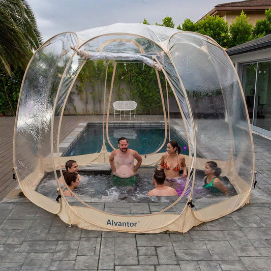 Alvantor Pop Up Bubble Tent - 12’ x 12’ Instant Igloo Tent - 8-10 Person Screen House for Patios - Large Oversize Weather Proof Pod - Cold Protection Camping - Beige