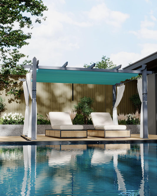 Garvee 10x13 Ft Outdoor Pergola with Retractable Canopy & Side Mesh Screen Gray Column Patio Gazebo for Garden Grape Trellis Backyard Deck(Blue+White)