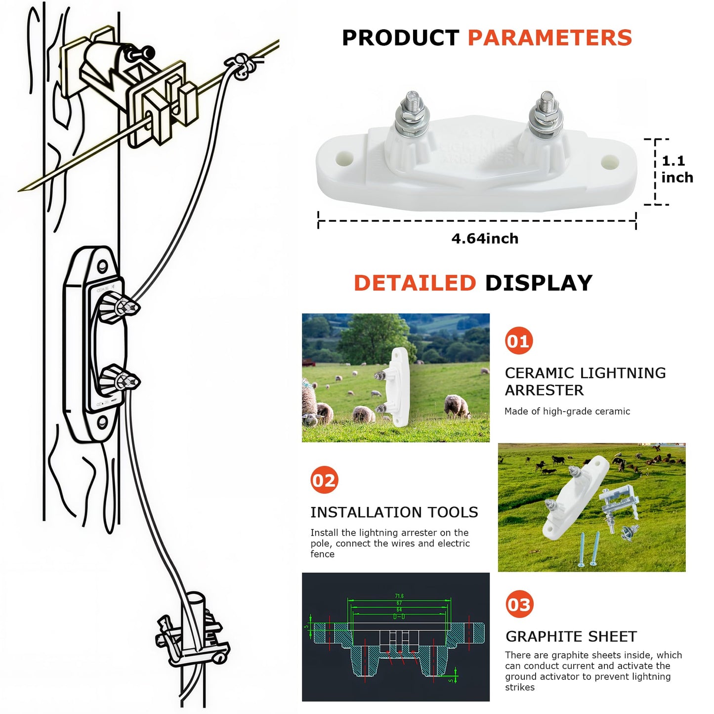 Lightning Arrestor Kit, Electric Fence Lightning Arrester Farm Lightning Arrester Animal Husbandry Electronic Fence Lightning Protection Device