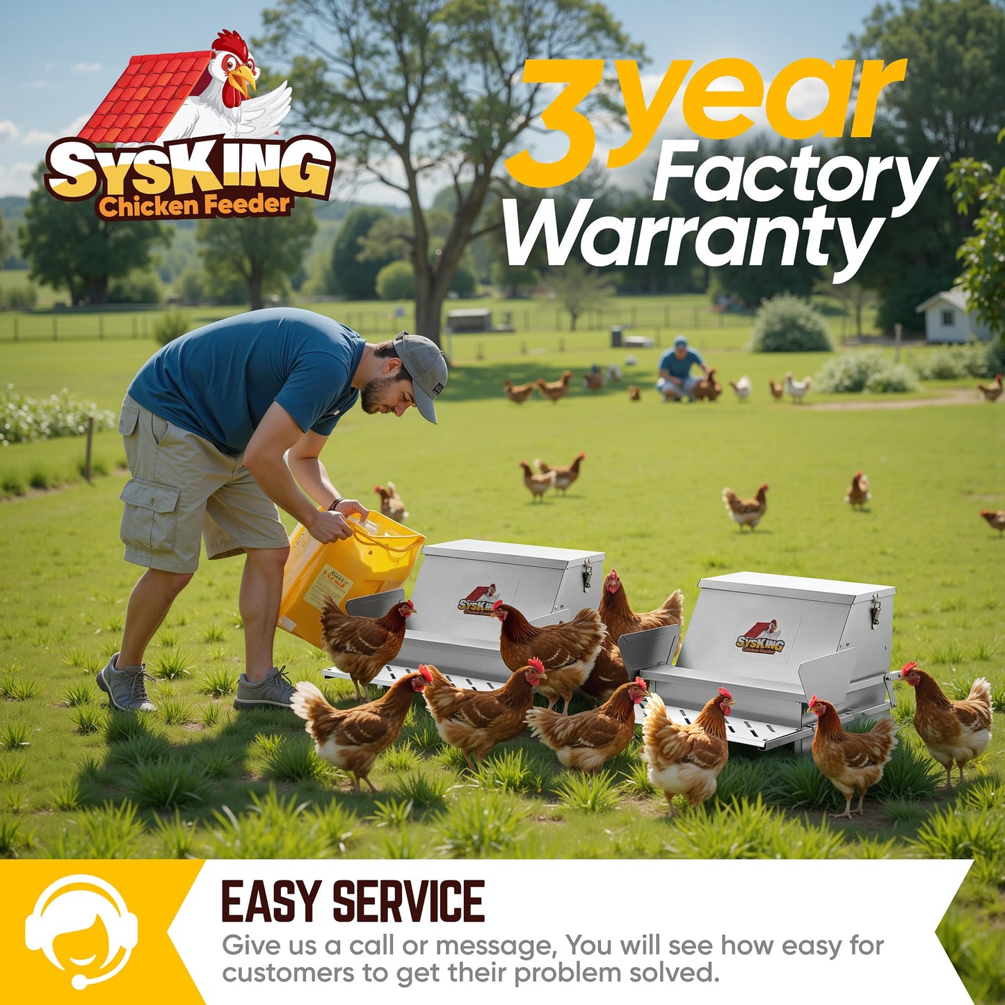 SYSKING Automatic Chicken Feeder - Chicken Feeders No Waste, 25 LB Large Metal Treadle Rat Proof Poultry Feeder for 6-12 Chickens for 10 Days, Weatherproof Lid, Galvanized Steel