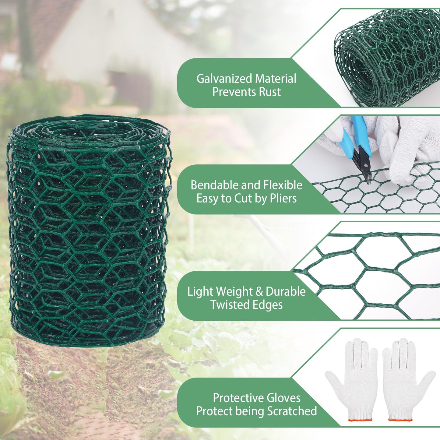 Floral Chicken Wire for Craft,4 x 118 Inch Lightweight Galvanized Hexagonal Chicken Wire Netting, 2mm Thickness Chicken Wire Fence for Garden Poultry, Chicken Wire Mesh with Gloves, Wire Ties, Plier