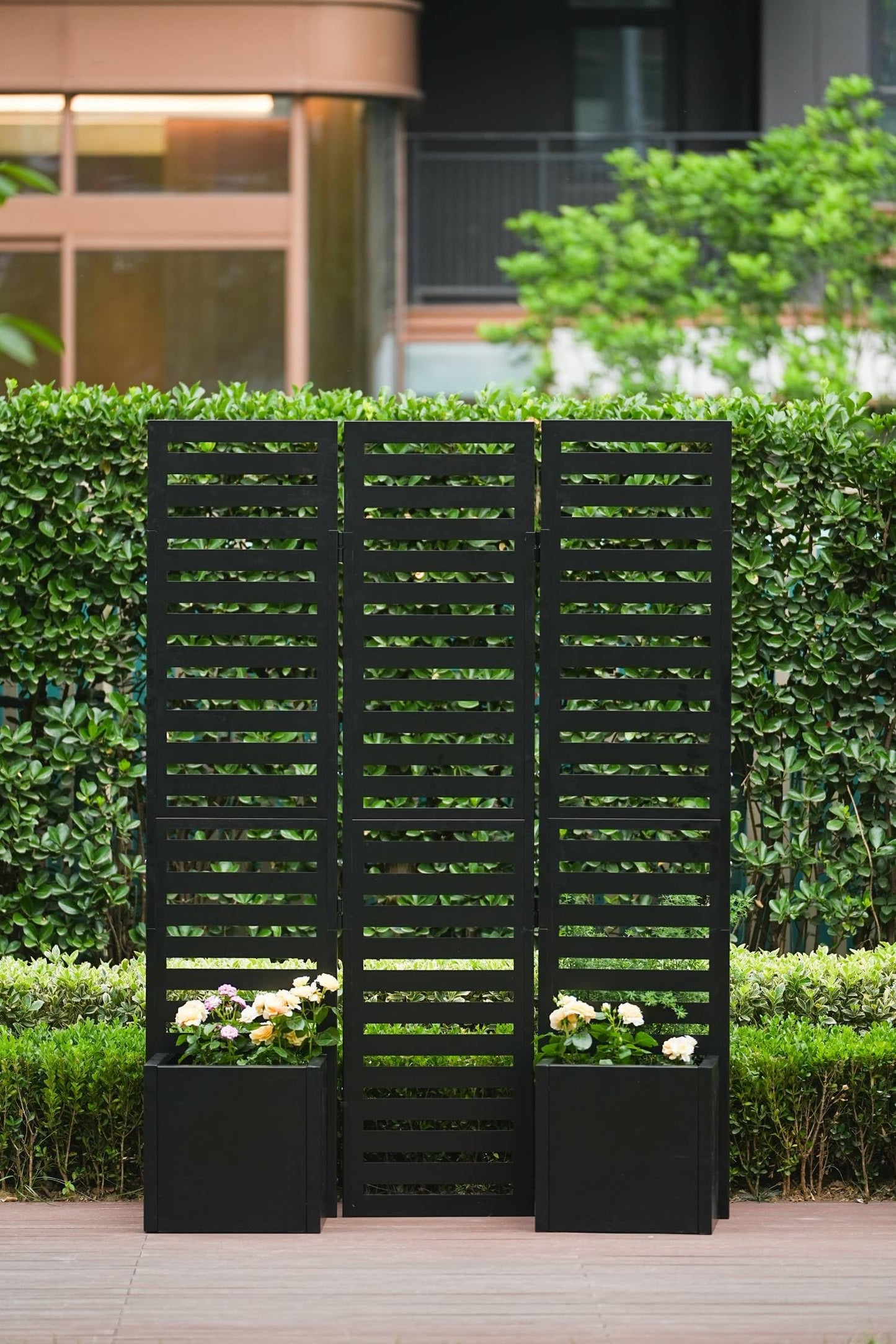Privacy Screen with Planter Box Metal Garden Fence Panel,3-Panel Freestanding Outdoor Room Divider with 4 Self-Draining Raised Garden Beds for Patio, Deck, Yard