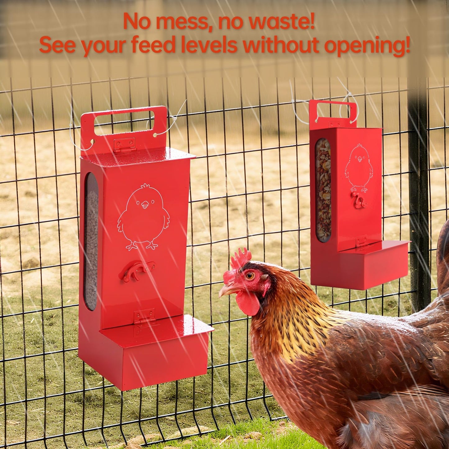 LIUXINYJEE Chicken Grit Feeder,Chicken Oyster Shell Feeder Waterproof,Feed-Level Indicator and No-Waste Chicken Feeder,Hanging Chicken Coop Accessories, Metal Automatic Chicken Feeder，10.25"X4.35" in