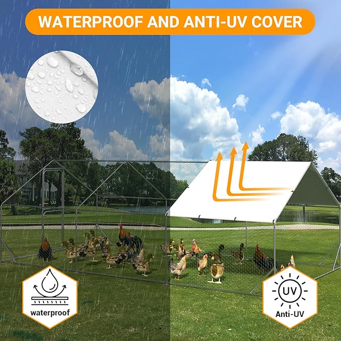 Chicken Runs for Yard with Cover, Large Metal Chicken Coop, 9.8x19.7x6.6FT Chicken Pen with Waterproof and Anti-UV Cover, Walk-in Poultry Cage for Yard Outdoor Duck Rabbit Cage