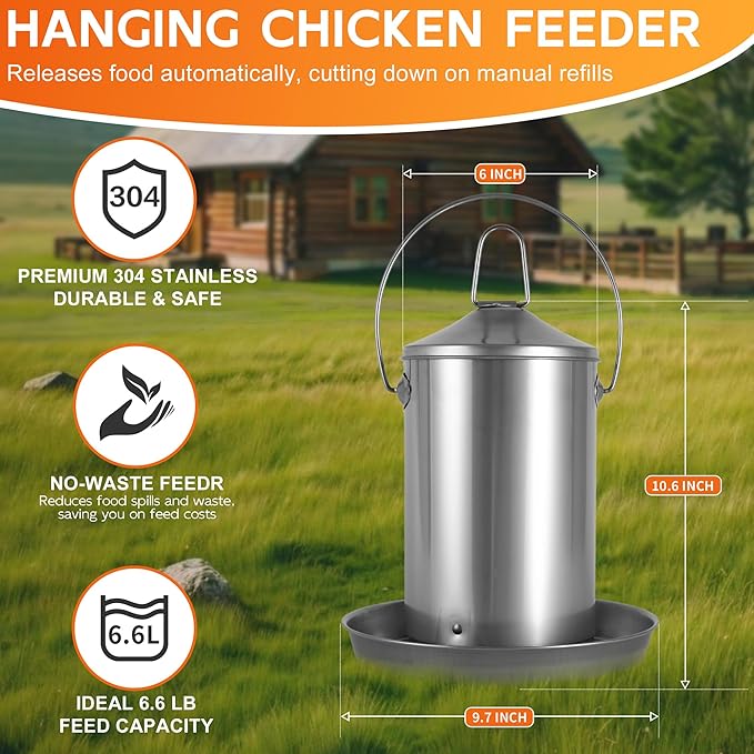 6.6lb Stainless Steel Hanging Chicken Feeder, Metal No Waste Poultry Feeder, Rustproof, Reusable, Long-Lasting, Gravity Feed Chicken Coop Accessories for Chicken, Geese, Duck, Hens, Rooster, Chick