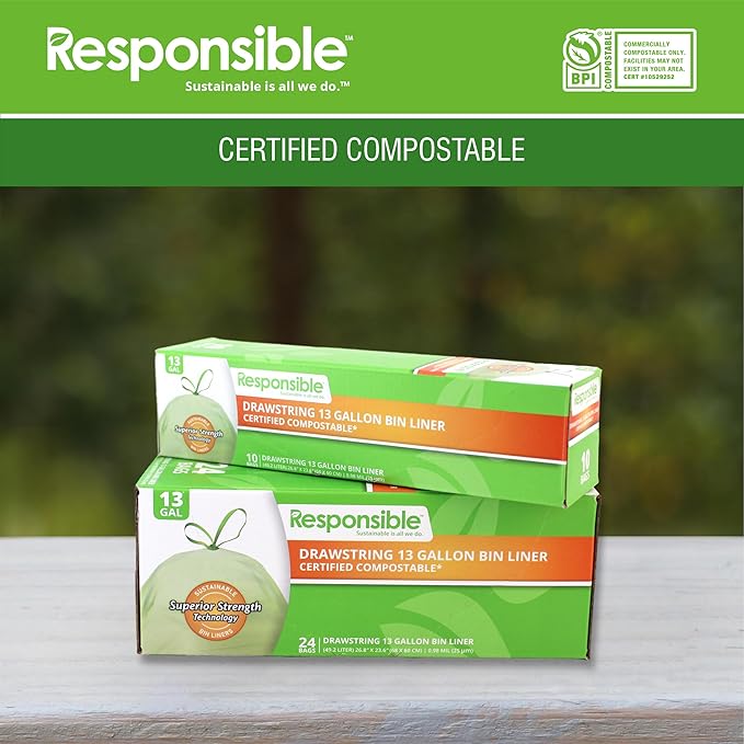 Kitchen Bin Liners, Certified Compostable, Heavy Duty Multipurpose Food Scrap Bags, Made from Compostable Materials (13 Gallon Drawstring, 13 Gallon (10 Count))