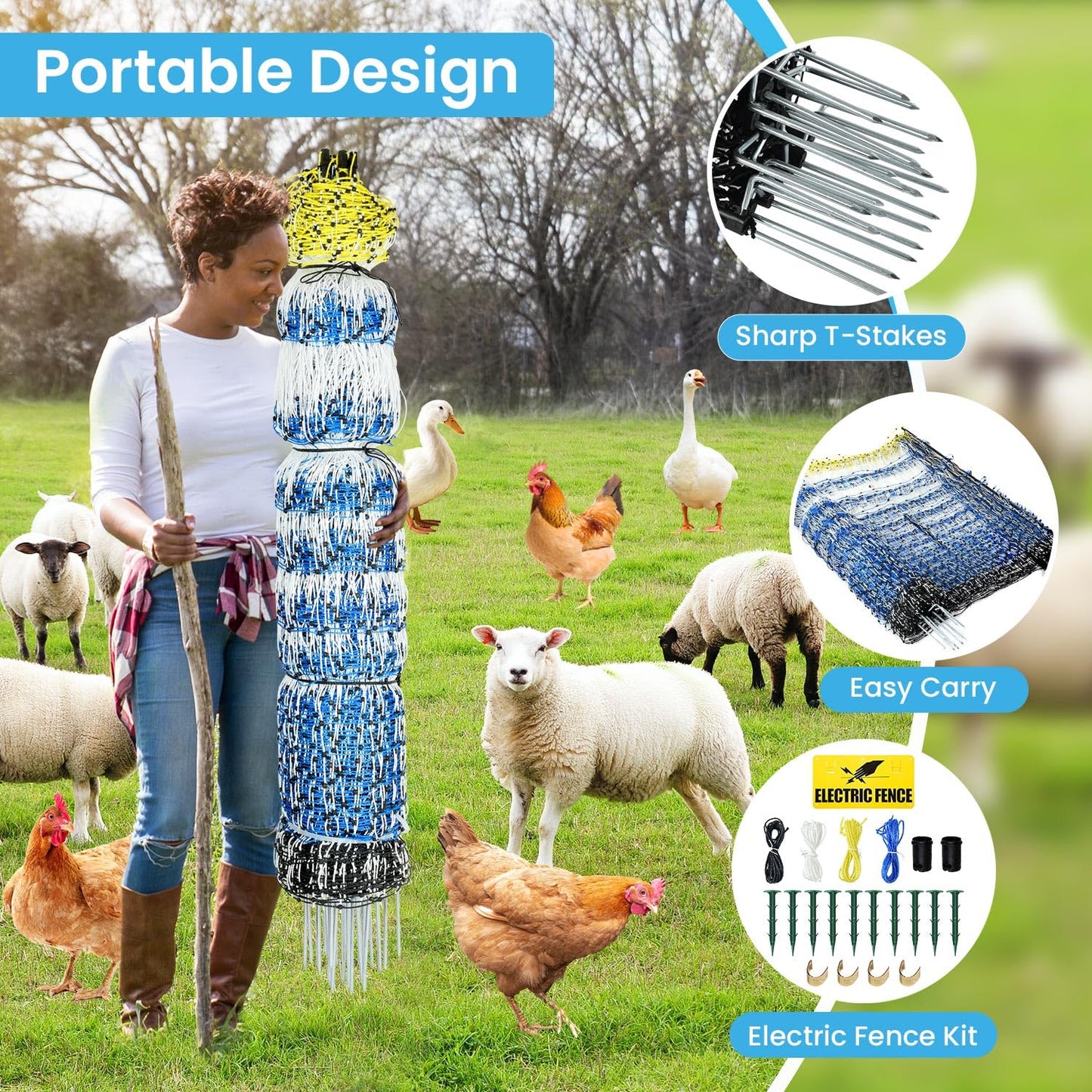 Electric Poultry Netting, 42" H x 164'L Electric Anti-Predator Poultry Fence, PE Net Fencing Kit with 14 Posts Double Spiked, Movable Livestock Nets for Chickens, Ducks, Geese, Sheep and Other Poultry