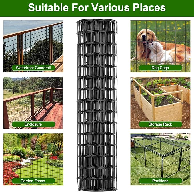 24 in x 49 Ft Welded Wire Fence Black PVC Coated Wire Mesh 2 x 3 in 14GA Garden Fence for Dog Border Fencing Roll Outdoor Animal Barrier Fence with U-Shape Hooks for Yard Plant Vegetable Protection