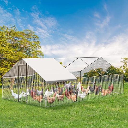 Large Metal Chicken Coop, 19.7 Ft Large Chicken Runs for Yard with Cover, Spire Roof Metal Chicken Coop with Lock for Outdoor, Backyard, Farm, Duck, Rabbit