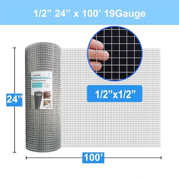1/2inch Galvanized Hardware Cloth 24" x 100' 19 Gauge Hot-Dip Galvanized After Welding Chicken Wire Raised Garden Bed Plant Supports Poultry Netting Chicken Wire Fence Wire Mesh Roll