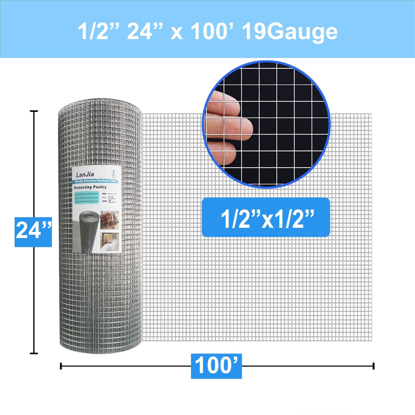 LAN JIA 1/2inch Galvanized Hardware Cloth 24" x 100' 19 Gauge Hot-Dip Galvanized After Welding Chicken Wire Raised Garden Bed Plant Supports Poultry Netting Chicken Wire Fence Wire Mesh Roll