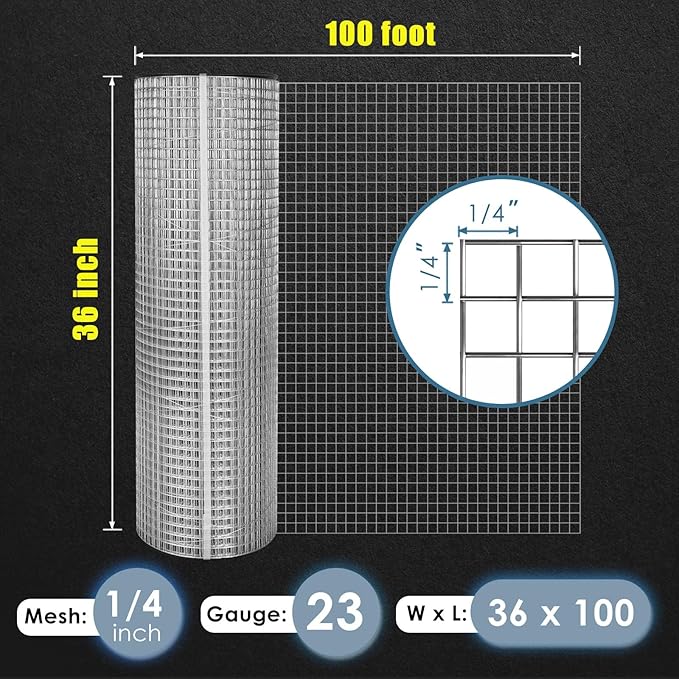 GoldPeak Hardware Cloth 1/4 inch 36 inch x 100 Foot 23 Gauge, Hot-dip Galvanized After Welding, Chicken Wire Mesh Roll Chicken Wire Fence Roll Rabbit Wire Cloth Tree Guard Cage Wire