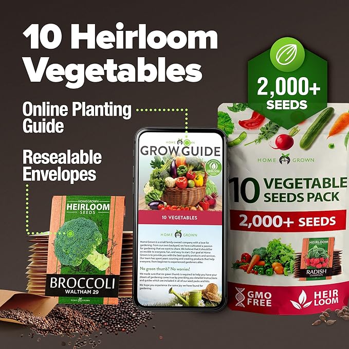 HOME GROWN Premium USA-Grown Vegetable Seeds - 10 Variety Pack with 5,800+ Non-GMO Heirloom Seeds for Planting - Garden Vegetable Seeds for Indoor & Outdoor Planting - Survival Seed Vault Kit