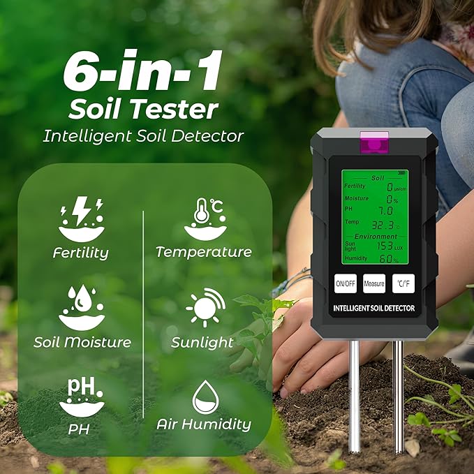 Walensee 6-in-1 Digital Soil Tester,Moisture Meter/Soil pH Tester/Fertility(EC)/Temperature/Light/Air Humidity Sensor, Plant Water Meter for Gardening,Lawns,Farms,Indoor & Outdoor Plants