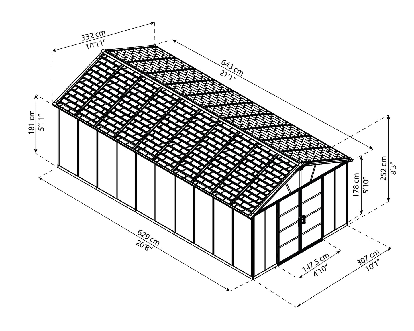 Palram - Canopia Yukon Outdoor Storage Shed 11' x 21' Gray for Backyard, Patio, Garden, Tools, Bikes, Lawnmower, Durable, Weather, Water, Snow, Rust Resistant Aluminum Frame